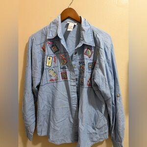 Vintage Embroidered Light Blue Denim Button Up
